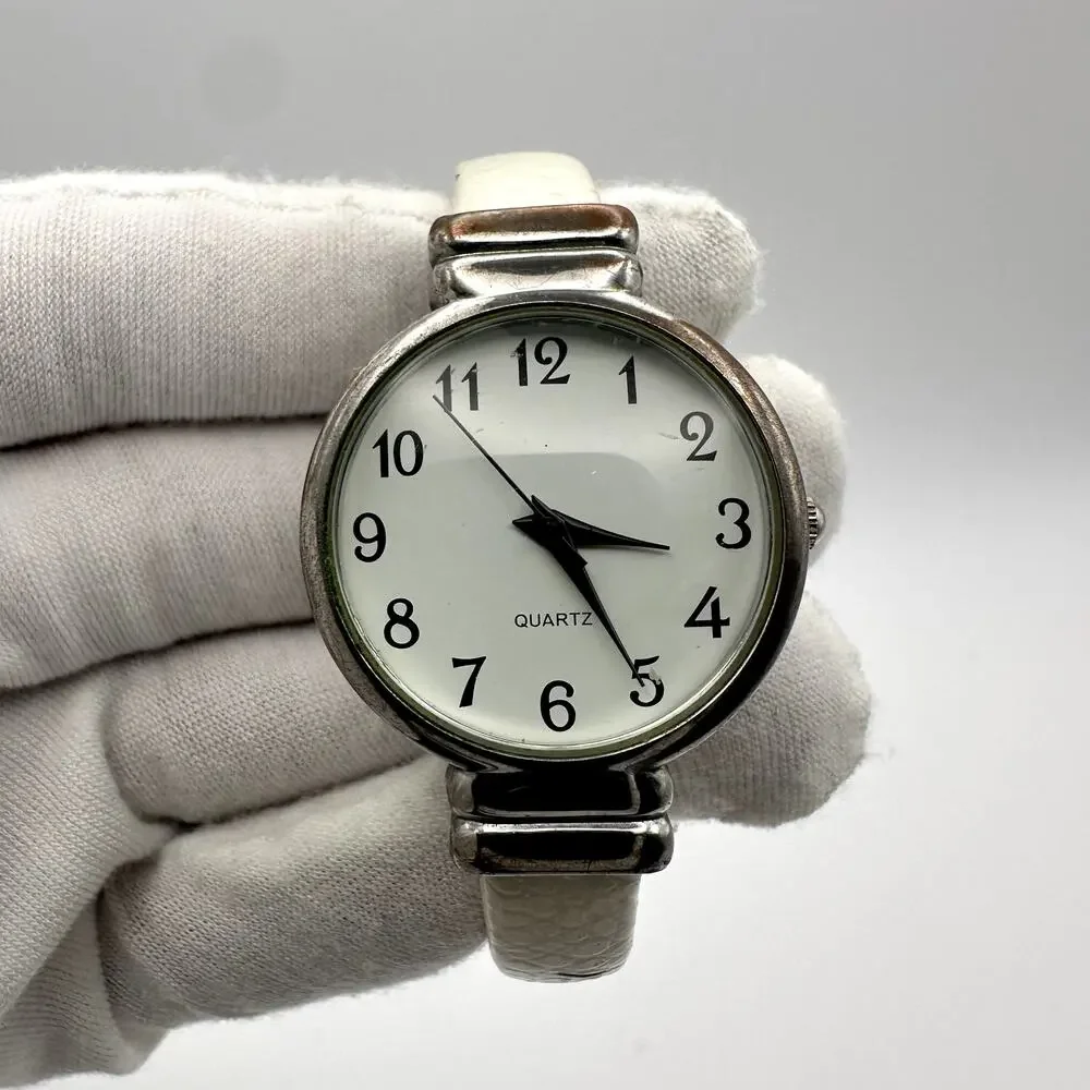 Quartz Cuff Watch White Band Silver Tone Case